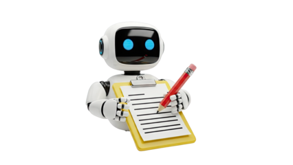 Robot writing on clipboard with red pencil