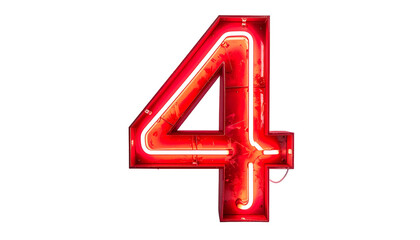 Fototapeta premium Illuminated numeral four in a bold, neon-like style against a stark black backdrop. The number glows vividly, exhibiting a warm red radiance
