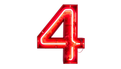 Illuminated numeral four in a bold, neon-like style against a stark black backdrop. The number glows vividly, exhibiting a warm red radiance