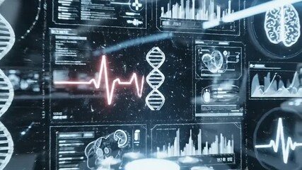 Dynamic digital display of biological data featuring a glowing DNA helix and pulsating heartbeat, symbolizing cutting-edge health technology and scientific discovery - Powered by Adobe