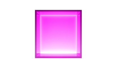 Illuminated, three-dimensional square, radiating pink light on a black background, with a bright white inner frame