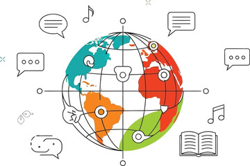Stylized colorful globe representing worldwide communication and global connection symbolized by various interconnected digital and cultural icons.