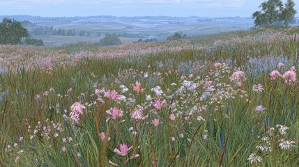 Colorful Meadow With Flowers In Pastel Colors