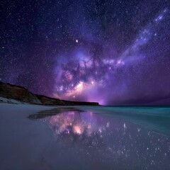 Starry Night Beach Scene With Milky Way Reflection