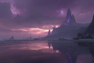 Purple Pink Sunset Fantasy Landscape With Reflective Water