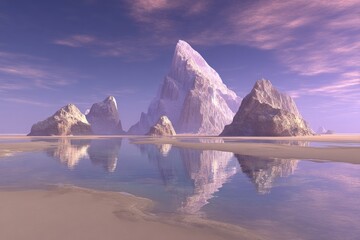 Digital Fantasy Landscape With Pink Mountains And Reflections