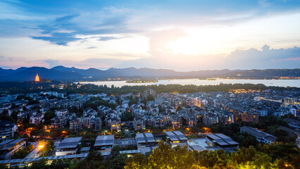 Fototapeta premium Aerial View of Hangzhou City at Dusk