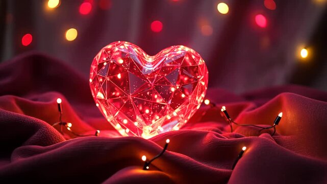 Faceted crystal heart with a red glow, surrounded by soft bokeh lights, creating a warm and romantic atmosphere