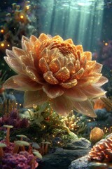 Glowing Golden Flower Underwater Scene