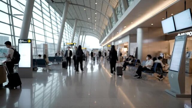 People walking and sitting in a modern airport terminal with large windows and sleek architecture