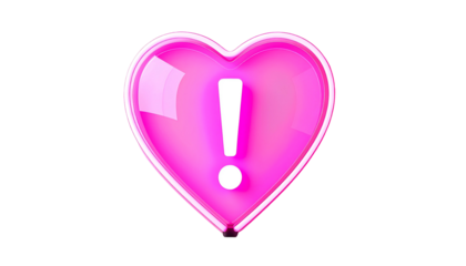A vibrant neon pink heart with a white exclamation point, symbolizing warning or attention. The glossy design is set on a solid black background