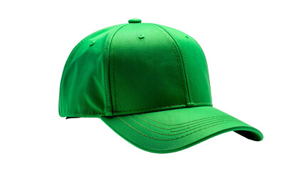 A vibrant, solid-green baseball cap, likely cotton or similar material, is isolated on a black background, with visible stitching
