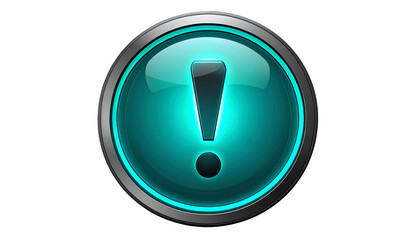 A vibrant teal-colored button with a prominent exclamation point glows against a stark black background. It has a metallic silver border and rounded edges
