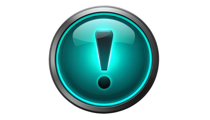 A vibrant teal-colored button with a prominent exclamation point glows against a stark black background. It has a metallic silver border and rounded edges