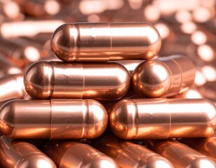 P&iacute;ldoras farmac&eacute;uticas de color cobre apiladas, C&aacute;psulas de medicaci&oacute;n en color bronce brillante, Concepto de salud y bienestar con c&aacute;psulas color cobre
