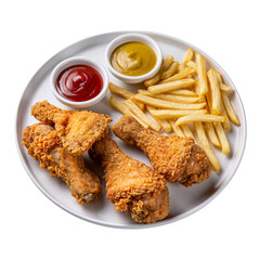 Crispy fried chicken drumsticks with fries ketchup and mustard on transparent background