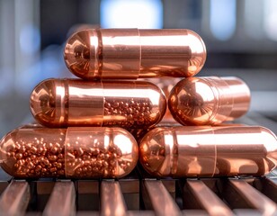P&iacute;ldoras farmac&eacute;uticas de color cobre apiladas, C&aacute;psulas de medicaci&oacute;n en color bronce brillante, Concepto de salud y bienestar con c&aacute;psulas color cobre