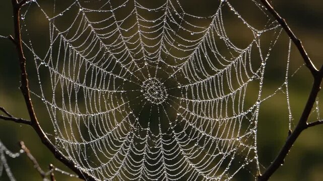 Close-up of a large, dew-covered spider web on a branch against a blurred green background.