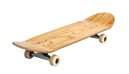 Angled shot of a skateboard on a stark black background, showcasing the wooden deck and wheel components
