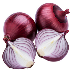 Fresh red onions whole and halved showcasing inner layers on transparent background