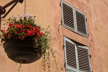 Fototapeten Mediterranes Europa Close-up of a hanging flower pot on a warm-toned Mediterranean wall with traditional window shutters, ideal for lifestyle, home, and travel concepts.  © juyoung