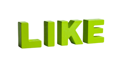 Close-up of lime green, three-dimensional letters spelling "LIKE" against a solid black background. The letters have a slight drop shadow