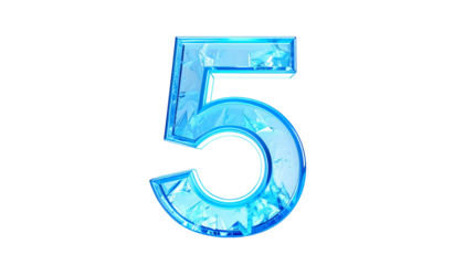 Digit '5' crafted from simulated ice, isolated on black background. Features fractured, icy texture with light blue and cyan hues, reflecting light