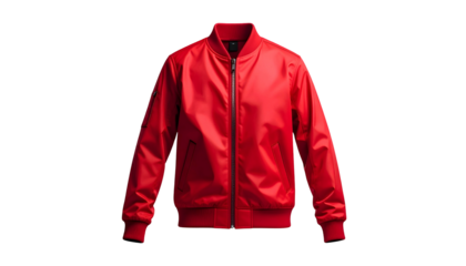 Studio shot of a vibrant red bomber jacket, isolated against a solid black background