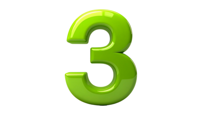 Glossy, three-dimensional numeral three in vibrant lime green, set against a stark black backdrop. Highlighting creates depth