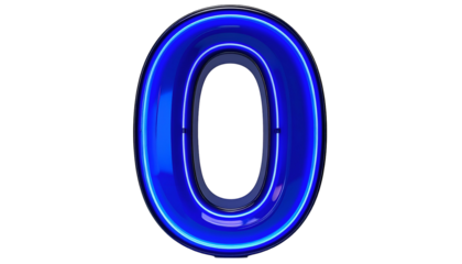 Illuminated blue neon "0" number against a stark black background. It appears three-dimensional and glows brightly