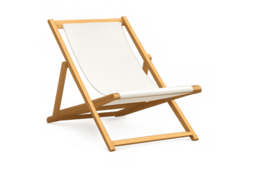Lounging beach chair featuring a wooden frame and white canvas for summer vacation and relaxation, transparent background