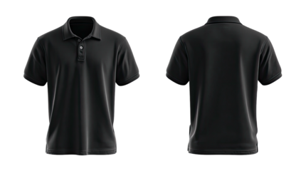 Black polo shirt, front and back views, on black background