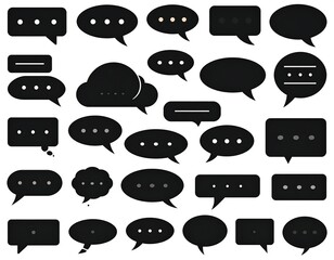 Collection of stylized, dark speech bubbles, various shapes, white background