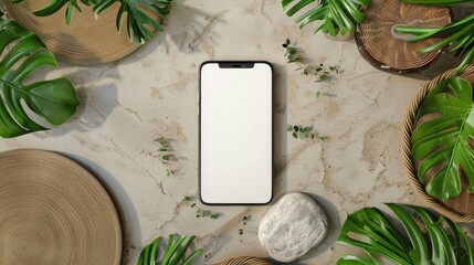 Smartphone with blank screen on stone surface surrounded by plants and rattan decorate.