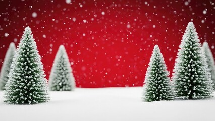 Snowy evergreen trees on white ground with red background and snowflakes falling