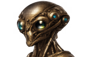 Futuristic steampunk alien cyborg displaying mechanical details and glowing eyes, a metallic bronze humanoid head with a transparent background