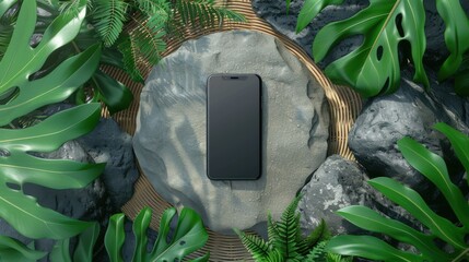 
Smartphone with blank screen on stone surface surrounded by plants and rattan decorate.