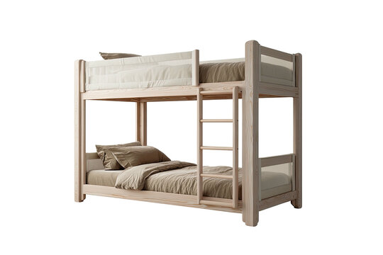 Wooden bunk bed, neutral bedding, ladder between levels