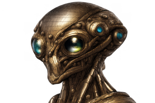 Futuristic steampunk alien cyborg displaying mechanical details and glowing eyes, a metallic bronze humanoid head with a transparent background - Powered by Adobe