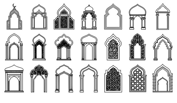 Golden Islamic architecture frame icons vector collection for Ramadan and Eid