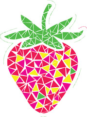 Vibrant Geometric Mosaic Strawberry Illustration with Colorful Triangles and Sticker Outline