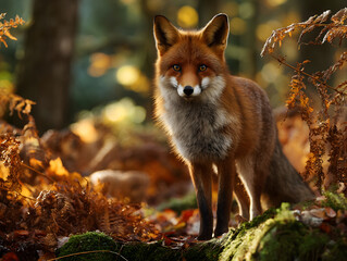  Wildlife portrait of fox in golden afternoon forest light, fur blending perfectly with autumn hues, showcasing seasonal beauty and animal spirit.