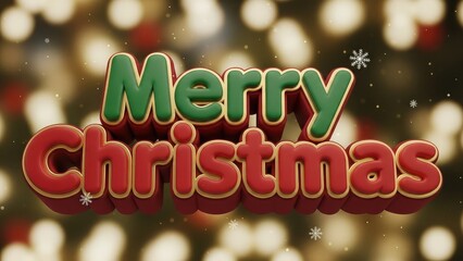 Merry christmas greeting with red and green text on blurry bokeh background with snowflakes