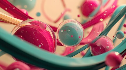 Colorful abstract 3D composition with floating shapes and dynamic swirls in colorful objects and pastel tones