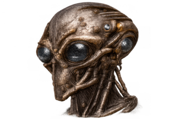 Steampunk alien cyborg head combining mechanical and organic elements on a transparent background for sci-fi concepts
