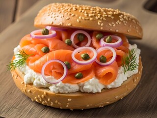Smoked salmon bagel with cream cheese and capers
