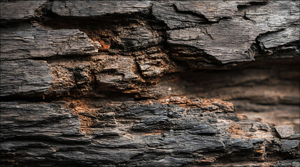 Close up of dark, weathered, and fractured wood texture