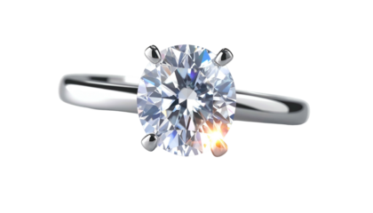 A close-up studio shot presents a white gold engagement ring. The central focus is a large, sparkling round diamond held by four prongs