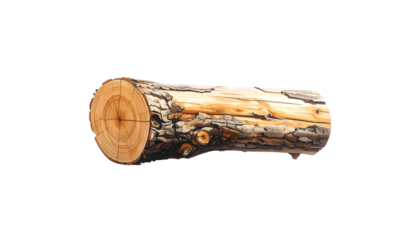 A cross-section of a sawn tree trunk, revealing growth rings and bark detail, isolated against a black background