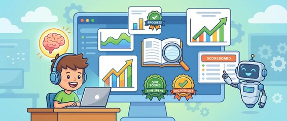 Happy Boy Learning Data Analysis With Robot Assistant On Screen With Charts And Graphs